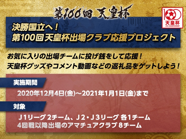 投げ銭によるクラブ応援企画『決勝国立へ！第100回天皇杯出場クラブ応援プロジェクト』を実施