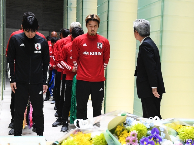 U-22 Japan National Team offer flowers and origami cranes to the Nagasaki National Peace Memorial Hall for the Atomic Bomb Victims 